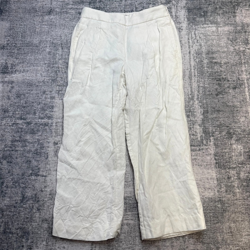 J Crew Pants Women 4 White High Rise Pleated Linen Wide Leg Crop Trouser Minimal